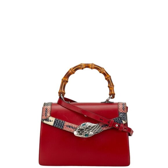 GUCCI Red Leather Bamboo Shoulder Bag - Picture 1 of 7